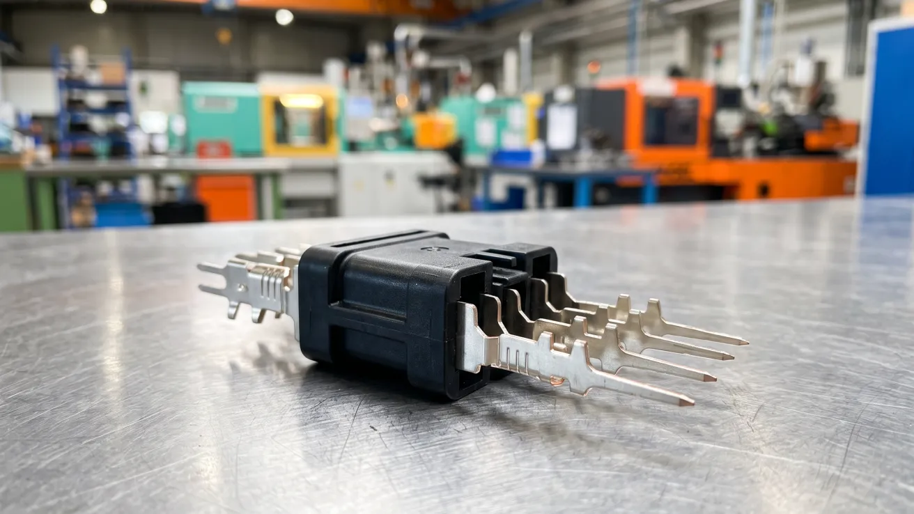 Umspritztes Kontaktbauteil mit Stanzgitter aus Metall und Kunststoff