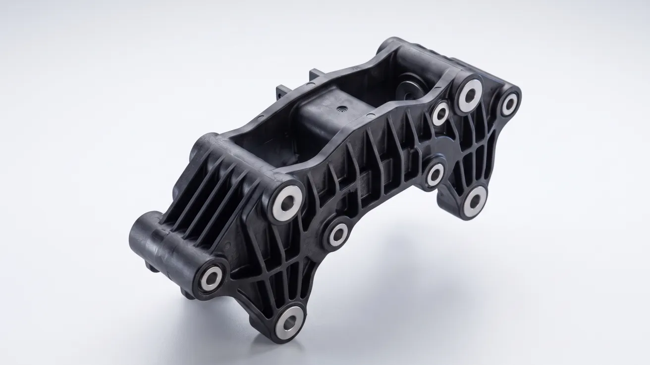 Stahl-Kunststoff-Hybridträger für ein aktives Bremssystem mit integrierten Metalllagern