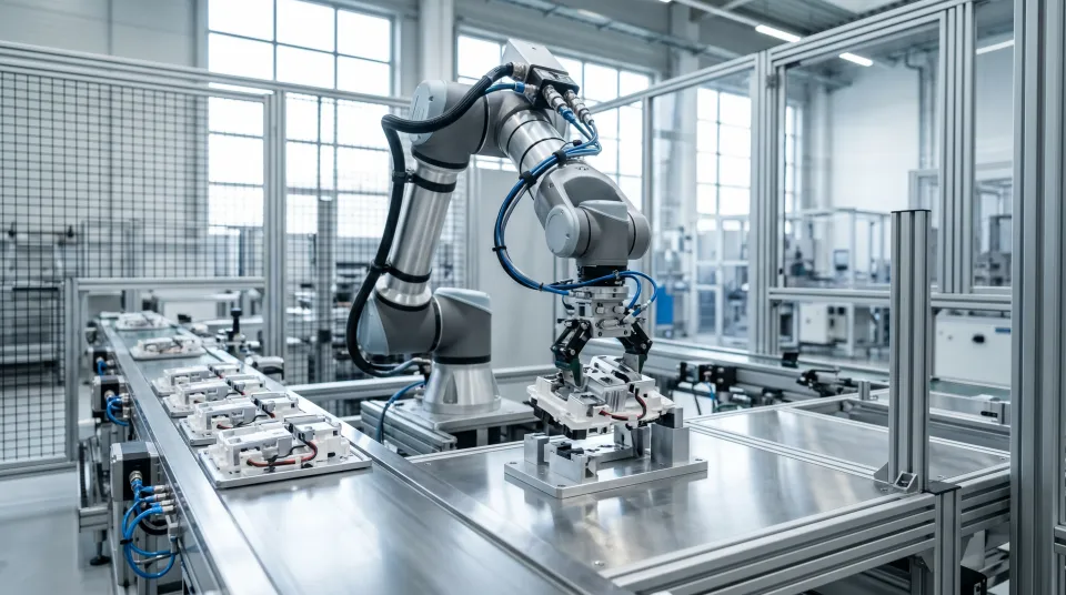 Industrieroboter in einer hellen Automatisierungszelle bei febana